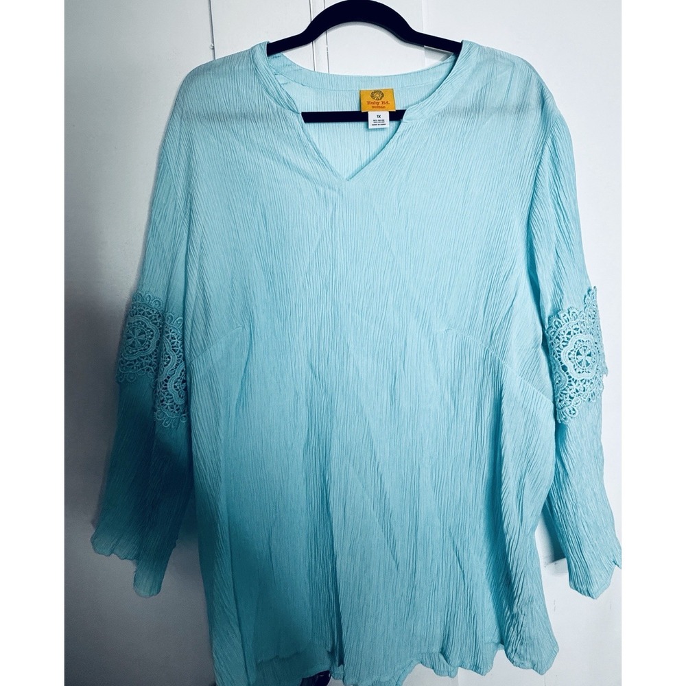 Ruby Rd Woman 1X Aqua Crinkle Tunic Crochet Lace Sleeve Boho Plus Top Resort